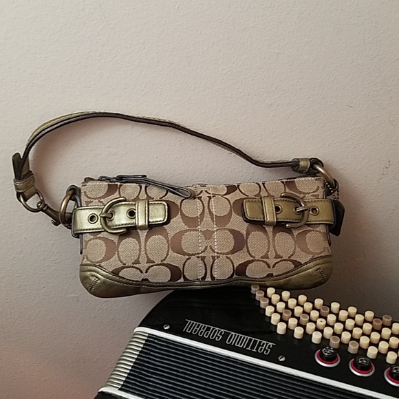 Coach Handbags - COACH SIGNATURE CANVAS TAN & GOLD HANDBAG/WRISTLET